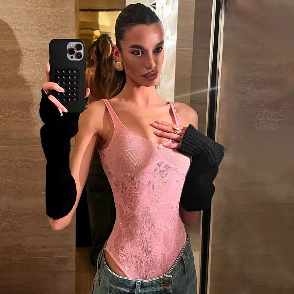 Beaded Dolphin Mesh Camisole Top for Club Wear