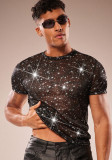 Men's Sexy Sparkling Rhinestone See-Through Round Neck Top
