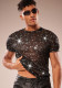Men's Sexy Sparkling Rhinestone See-Through Round Neck Top