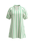 Women V Neck Stripe Summer Puff Sleeve Shirt Dress