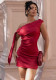 Women Spring Summer Elegant Off Shoulder Lace-Up Pleated Zipper Mini Dress