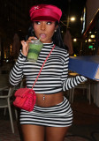 Women Summer Stripe Print Crop Top and Skirt Two Pieces