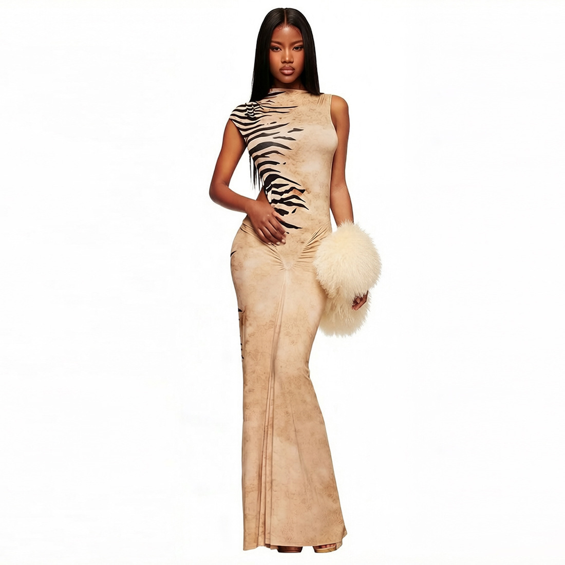 Striped Sleeveless Ruched Backless Dress for Summer Parties