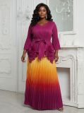 Plus Size Women Pleated Gradient Irregular Top & Midi Skirt Fashion Two-Piece Set