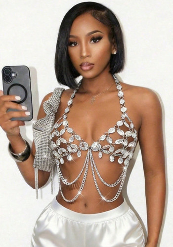 Women Sexy Gem Tassel Hollow Out Chain Patchwork Halter Neck Camisole Top