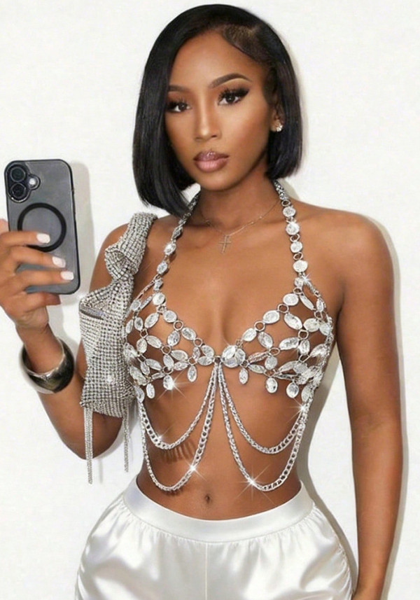 Women Sexy Gem Tassel Hollow Out Chain Patchwork Halter Neck Camisole Top