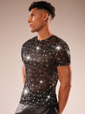 Men's Sexy Sparkling Rhinestone See-Through Round Neck Top