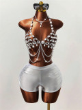 Women Sexy Gem Tassel Hollow Out Chain Patchwork Halter Neck Camisole Top