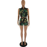 Women Sexy Casual Printed Camouflage Vest Shorts Two Pieces