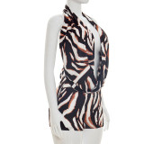 Women Spring Summer Halter Neck V Neck Backless Lace-Up Printed Top and Shorts Two Pieces