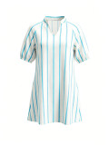 Women V Neck Stripe Summer Puff Sleeve Shirt Dress