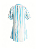 Women V Neck Stripe Summer Puff Sleeve Shirt Dress