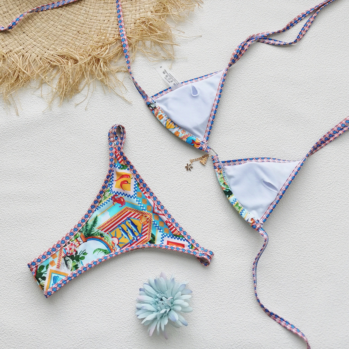 Printed Lace-Up Backless Two-Piece Bikini for Summer Vacations