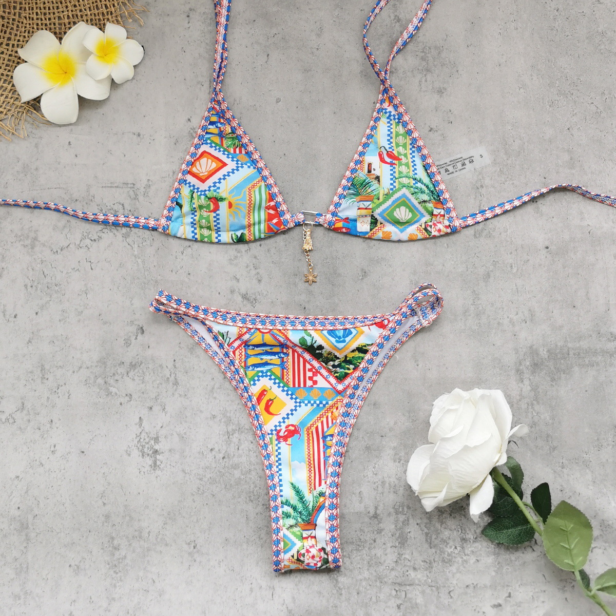 Printed Lace-Up Backless Two-Piece Bikini for Summer Vacations
