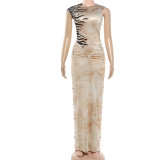 Women Summer Stripe Print Sleeveless Ruched Backless Dress