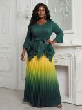 Plus Size Women Pleated Gradient Irregular Top & Midi Skirt Fashion Two-Piece Set
