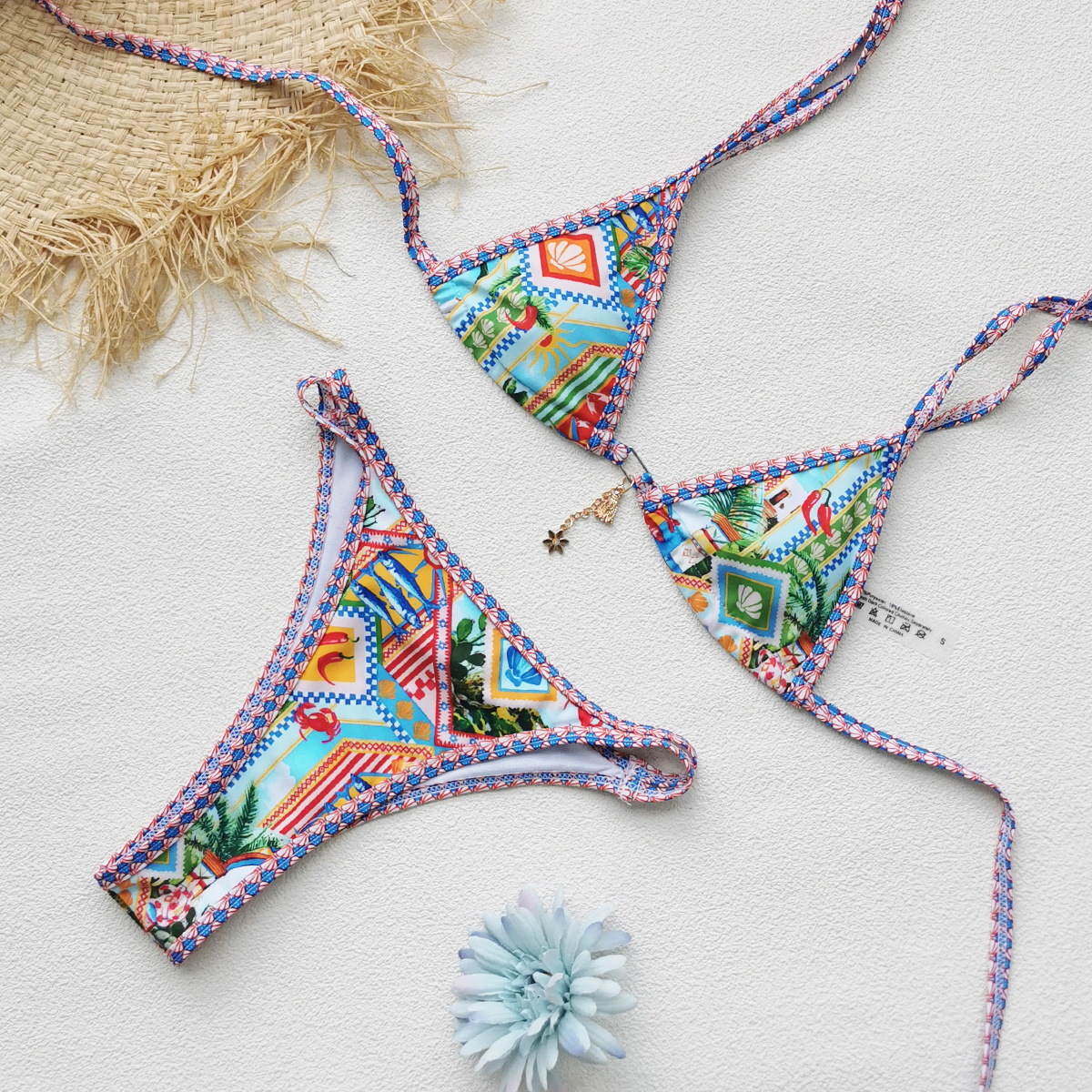 Printed Lace-Up Backless Two-Piece Bikini for Summer Vacations