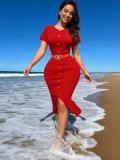 Women Luxury Short-Sleeve Knit Slim Waist Slit Bodycon Dress With Metal Buttons