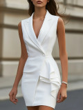 Women Solid Color Turndown Collar Slim Fit Sleeveless Dress