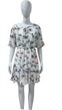 Summer Women V-Neck Tie Floral Chiffon Short-Sleeve A-Line Dress