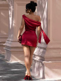 Women Spring Summer Elegant Off Shoulder Lace-Up Pleated Zipper Mini Dress