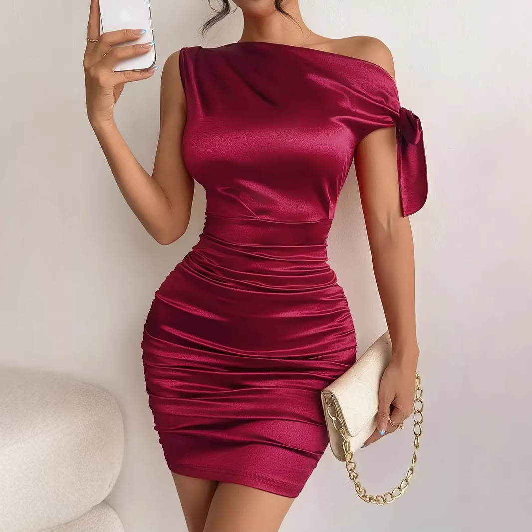 Slash Shoulder Irregular Dress for Evening Parties