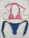 Women Metal Rhinestone Halter Neck Bikini Lace-Up Swimwear Two Pieces