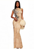 Women Summer Stripe Print Sleeveless Ruched Backless Dress