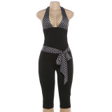 Women Summer V Neck Patchwork Halter Neck Lace-Up Jumpsuit