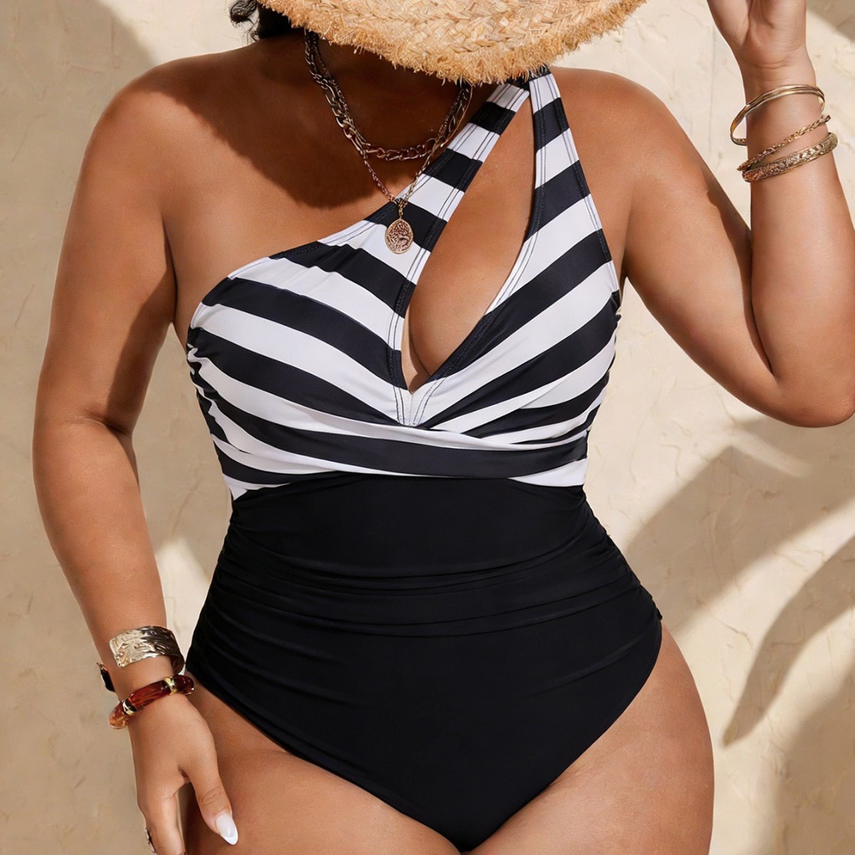 Striped One-Shoulder Hollow-Out One-Piece Swimsuit for Beach Holidays