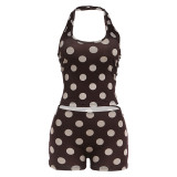 Women Summer Polka Dot Print Sleeveless Halter Neck Vest and Shorts Two Pieces