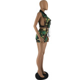 Women Sexy Casual Printed Camouflage Vest Shorts Two Pieces