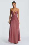 Women Spring Summer Solid Strapless High Slit Ruched Long Dress
