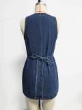 Women Deep V Sleeveless Button Denim Mini Dress Slim Waist Bodycon Party Dress