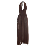 Women Sexy Low Neck High Slit Halter Lace Dress