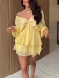 Women Sexy Deep V Solid Chiffon Ruffle Dress