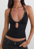 Women Spring Summer Halter Neck Studded Low Back Solid Crop Tank Top