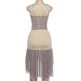 Women Summer Fashion Patchwork Striped Halter Low Back Irregular Skirt Set