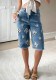 Women Fashion Washed Straight Denim Shorts with Embroidery Bead Pattern