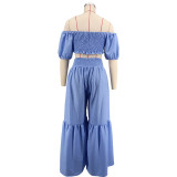 Women Summer Solid Off-Shoulder Ruffle Edge Short Sleeve Top with Bell Bottom Pants（Processing time need 3-6 days）
