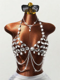 Women Sexy Gem Tassel Hollow Out Chain Patchwork Halter Neck Camisole Top