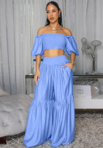 Women Summer Solid Off-Shoulder Ruffle Edge Short Sleeve Top with Bell Bottom Pants（Processing time need 3-6 days）