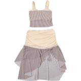 Women Summer Fashion Patchwork Striped Halter Low Back Irregular Skirt Set