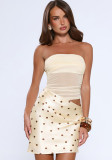 Women Summer Polka Dot Strapless Low Back Ruched Bodycon Mini Dress