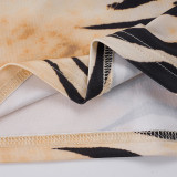 Women Summer Vintage Style Hollow-Out Stand Collar Animal Print Colorblock T-Shirt