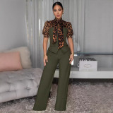 Women Elegant Leopard Patchwork Puff Sleeve Tie Jumpsuit