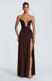 Women Spring Summer Solid Strapless High Slit Ruched Long Dress