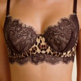 Sexy Lingerie Women Eyelash Lace Leopard Patchwork Push-Up Bra Thong Set