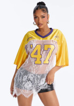 Women See-Through Patchwork Jersey Short Sleeve T-Shirt