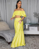 Women Summer Solid Off-Shoulder Ruffle Edge Short Sleeve Top with Bell Bottom Pants（Processing time need 3-6 days）